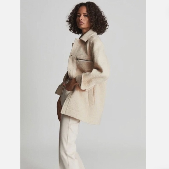 Reiss LIO TEXTURED WOOL BLEND SHACKET Cream Size 2 - Picture 1 of 11